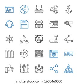 link icons set. Collection of link with networking, share, network, text formatting, like, web development, fence, router, font, search engine. Editable and scalable link icons.