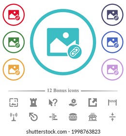 Link image flat color icons in circle shape outlines. 12 bonus icons included.