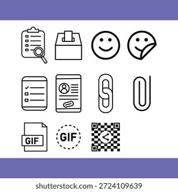 Link and interactive tools line icon set featuring link, bio link, QR share, poll, vote, survey, emoji, sticker, GIF and attachment symbols. Ideal for social apps, messaging platforms, marketing tools, websites, dashboards, UI UX design and digital products. Clean vector line icons, fully scalable, editable and easy to customize for modern interface design.