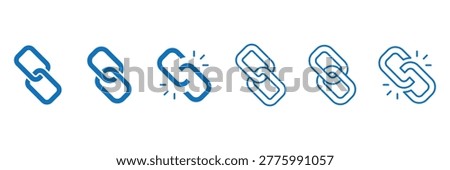 Link line chain icon set with broken and connected metal rings, website hyperlink signs, security bond, partnership symbols, digital connectivity.