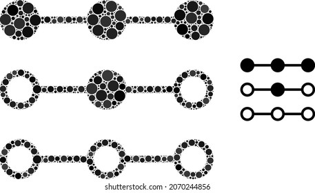 Link lines with nodes vector collage of round dots in different sizes and color hues. Small circles are united into link lines with nodes vector illustration. Abstract vector illustration.