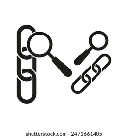 Link and magnifying glass. Chain analysis. Search connection. Vector icons.