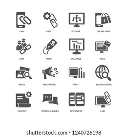 Link, Mail, Analytics, Content, Search engine, Image, Newspaper, Speech bubbles, Sitemap icon 16 set EPS 10 vector format. Icons optimized for both large and small resolutions.