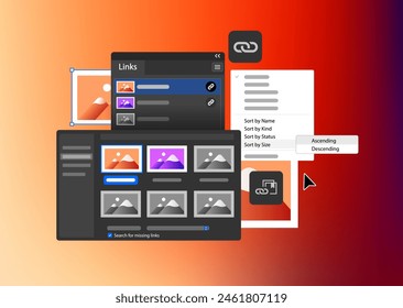 Link panel in program for illustrators. Relink missing files. Vector illustration