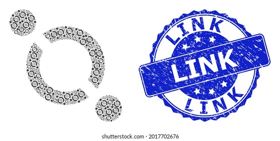 Link scratched round stamp and vector recursion collage link. Blue stamp seal has Link caption inside round shape. Vector collage is designed of repeating link pictograms.