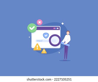 Link security check. Website Inspection and Analysis. a user using a magnifying glass to see how is the website that he will visit is safe or risky. prevention of harmful and suspected links