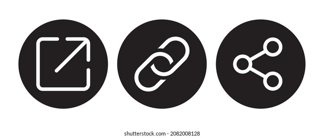 Link, Share Link, External Link Black Round Buttons Set. Web Design. Vector Sign.