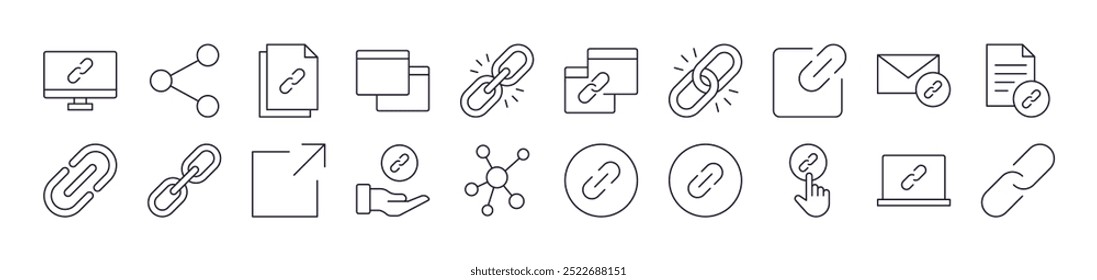 Link and Share Line Icon Collection. Editable Stroke. Minimalistic Linear Pictogram for Design of Cards, Apps, Banners, Posts