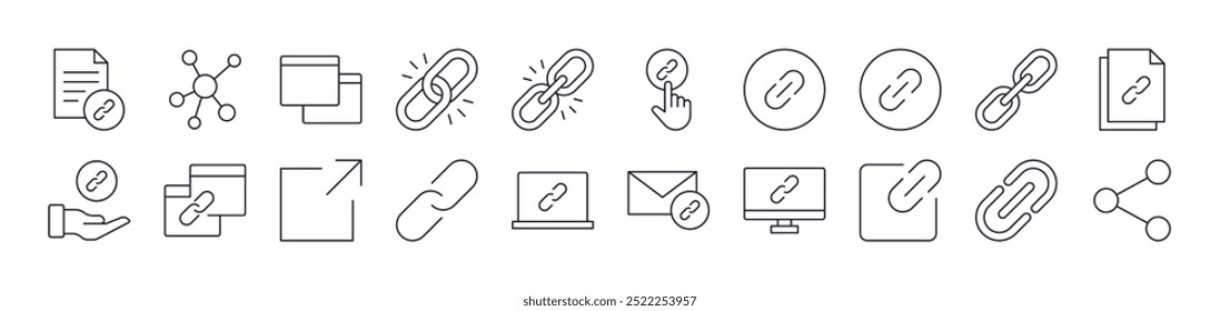 Link and Share Line Icon Pack. Editable Stroke. Minimalistic Linear Pictogram for Design of Cards, Apps, Banners, Posts