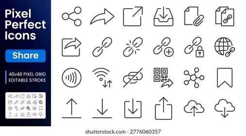 Link share line icons set. Hyperlinks, download, upload, cloud storage, QR code, secure attachment flat minimal vector illustrations. Simple outline ui signs. 48x48 Pixel Perfect. Editable Stroke.