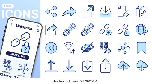 Link share line icons set. Hyperlinks, download, upload, cloud storage, QR code, secure attachment flat minimal vector illustrations. Simple outline ui signs. Blue duotone color, Editable Stroke