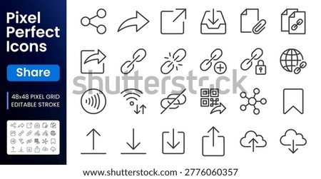 Link share line icons set. Hyperlinks, download, upload, cloud storage, QR code, secure attachment flat minimal vector illustrations. Simple outline ui signs. 48x48 Pixel Perfect. Editable Stroke.