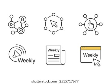 Link share search function, breaking news live streaming icons. Networking information social technology icons. Includes online data analysis Internet network supplementation. Collection of editable l