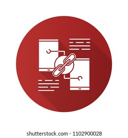 Link sharing flat design long shadow glyph icon. Hyperlink. Data transfer. Phones connection. Vector silhouette illustration