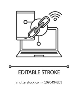 Link sharing linear icon. Thin line illustration. Wifi sharing. Smartphone and computer connection. Contour symbol. Vector isolated outline drawing. Editable stroke