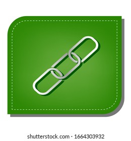 Ilustración de signo de vínculo. Icono de línea de gradiente plateado con sombra verde oscuro en hoja verde con parches ecológicos. Ilustración.