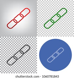 Link sign illustration. Vector. 4 styles. Red gradient in radial lighted background, green flat and gray scribble icons on transparent and linear one in blue circle.