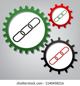 Link sign illustration. Vector. Three connected gears with icons at grayish background.