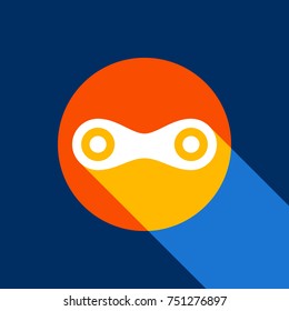 Link sign illustration. Vector. White icon on tangelo circle with infinite shadow of light at cool black background. Selective yellow and bright navy blue are produced.