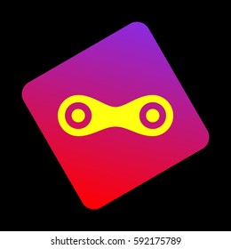 Link sign illustration. Vector. Yellow icon at violet-red gradient square with rounded corners rotated for dynamics on black background.