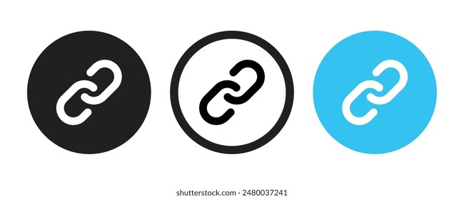 Link- oder Synchronisationssymbolsatz im Einfach- und Strichstil im Kreis mit Schwarz-Blau. Kette, Link Symbol Vektorgrafik auf Kreishintergrund isoliert. Link-Symbol im Kreis. Kettenlogo. Vektorillustration