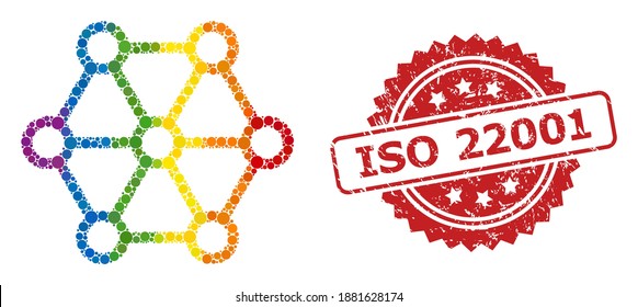 Link system collage icon of filled circle elements in variable sizes and LGBT colored shades, and ISO 22001 textured rosette seal imitation. A dotted LGBT-colored Link system for lesbians, gays,