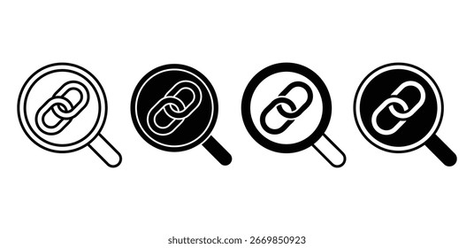 Conjunto de iconos de seguimiento de Enlace Iconos de lupa en blanco y negro con diseño de Vector de símbolo de Enlace de cadena