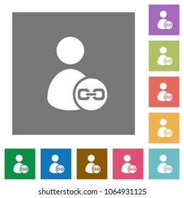 Link user account flat icons on simple color square backgrounds