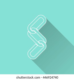 Link vector icon with long shadow. White illustration isolated on green background for graphic and web design.