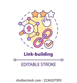 Icono de concepto de creación de vínculos. Optimización SEO. Ilustración de línea delgada de ideas abstractas de tendencia de marketing actual. Dibujo de contorno aislado. Trazo editable. Fuentes Arial, Myriad Pro-Bold utilizadas