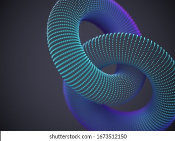 Linked 3D torus made up of glowing particles on dark background. Abstract visualization of network and global connection. Vector illustration of digital geometric shapes.