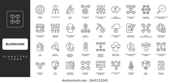 Linked chain of blocks, trade, hot and cold wallet thin black outline symbols vector illustration. Blockchain, digital data and crypto currency mining, bitcoin and fintech line icon set.