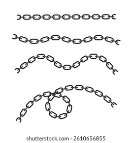 Linked chain forms. Metal connection curves. Repeating segment icon. Vector illustration set.