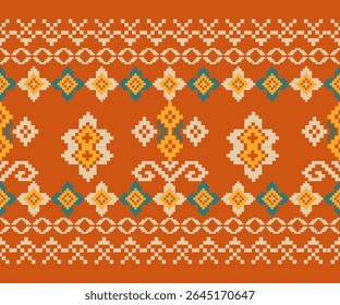Linked diamond ikat motifs with soft blue accents create a rich, rhythmic textile pattern. Modern folk art inspiration.