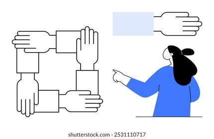 Verbundene Hände, die ein Quadrat bilden, zeigen Teamarbeit und Einheit an. Eine Figur in Blau zeigt auf eine schwebende Hand, die Führung symbolisiert. Ideal für Zusammenarbeit, Teamarbeit, Führung, Organisation, Gemeinschaft