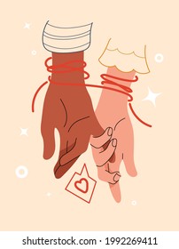 Linked hands with his index fingers and red thread fate. Confession of love and affection by body language. Multinational couple gestures, non-verbal communication in love. Vector stock illustration.