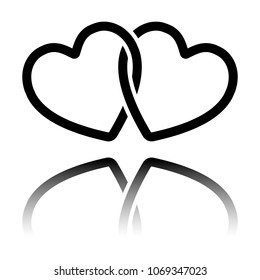 linked hearts icon. Black icon with mirror reflection on white b