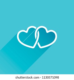 linked hearts icon. Gray icon with long shadow in bottom left corner on blue background