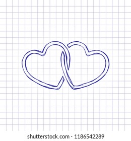 linked hearts icon. Hand drawn picture on paper sheet. Blue ink, outline sketch style. Doodle on checkered background