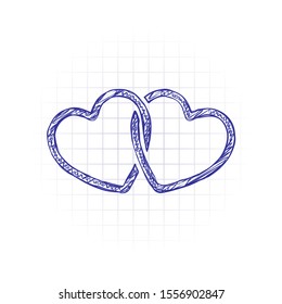 linked hearts icon. Hand drawn sketched picture with scribble fill. Blue ink. Doodle on white background