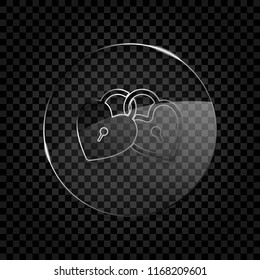 linked hearts, lock icon. Icon in circle glass bubble on dark transparent grid. Glass style