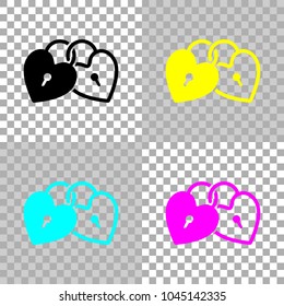 linked hearts, lock icon. Colored set of cmyk icons on transparent background