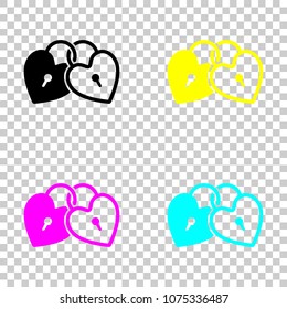 linked hearts, lock icon. Colored set of cmyk icons on transpare