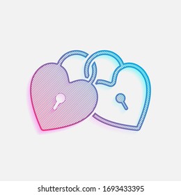 linked hearts, lock icon. Colored logo with diagonal lines and blue-red gradient. Neon graphic, light effect