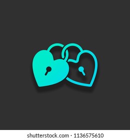 linked hearts, lock icon. Colorful logo concept with soft shadow on dark background. Icon color of azure ocean