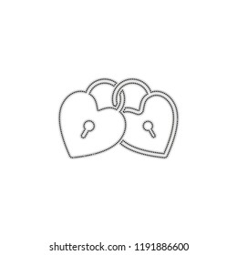 linked hearts, lock icon. Dotted outline silhouette with shadow on white background