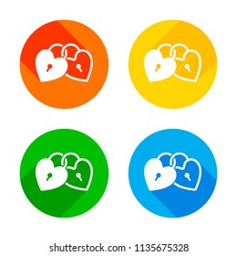 linked hearts, lock icon. Flat white icon on colored circles background. Four different long shadows in each corners