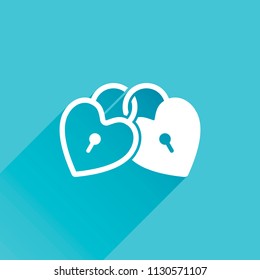 linked hearts, lock icon. Gray icon with long shadow in bottom left corner on blue background
