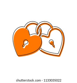 linked hearts, lock icon. Isolated icon consisting of black thin contour and orange moved filling on different layers. White background