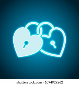 linked hearts, lock icon. Neon style. Light decoration icon. Bright electric symbol